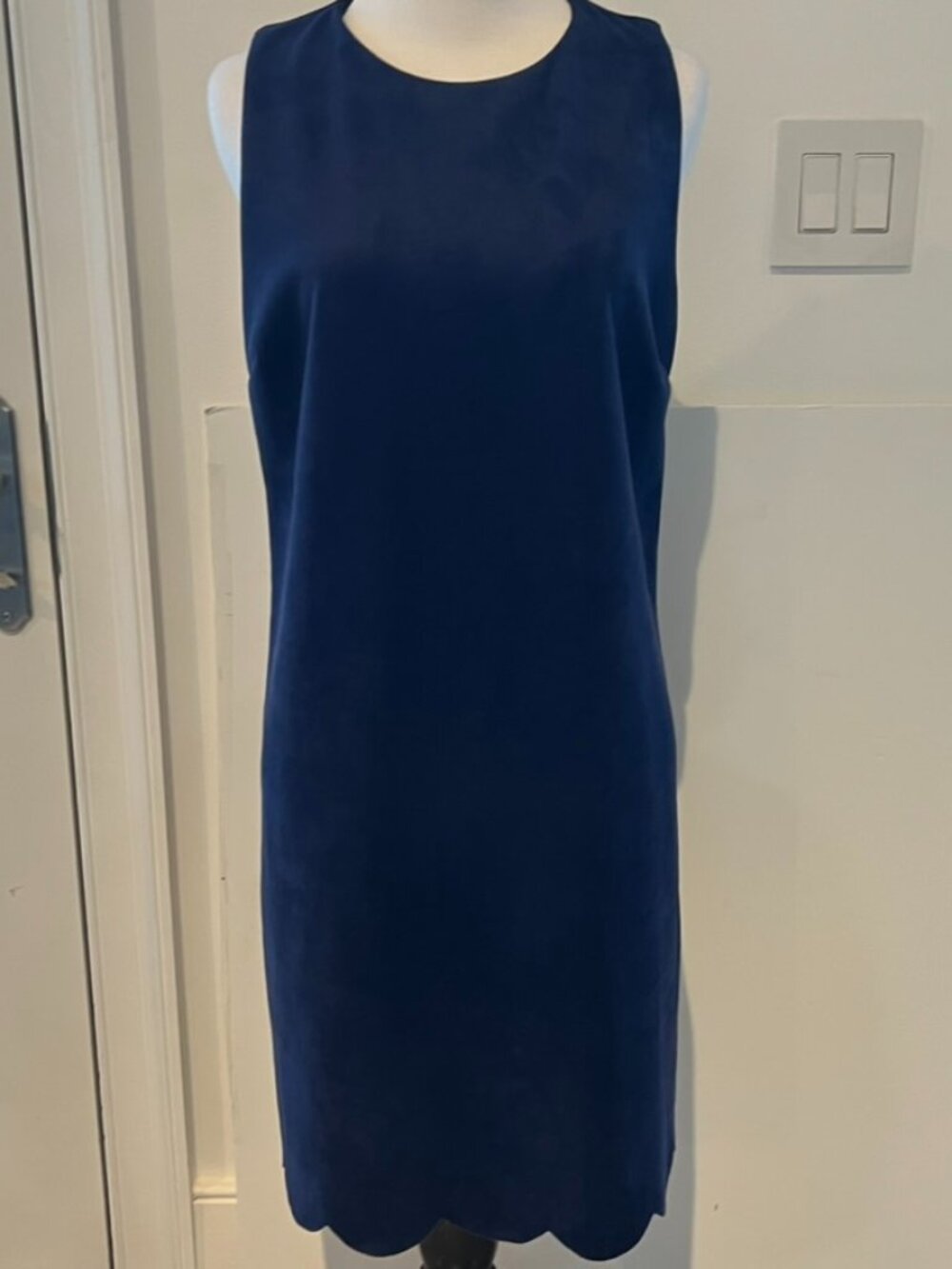 Aqua Women’s Blue Microsuede Sleeveless Shift Dress with Scalloped Hem, Size L - Picture 1 of 11
